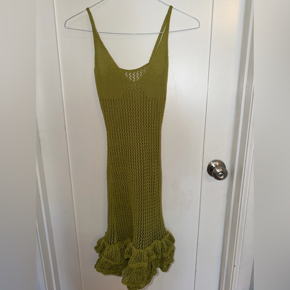 Olive Green Crocheted Maxi Dress with Ruffle Hem